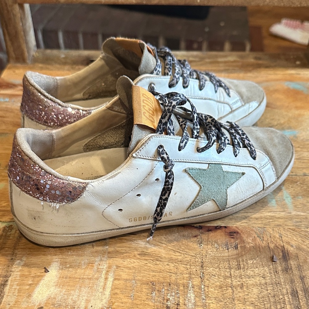Golden Goose White and Pink Glitter Sneakers with Green Star